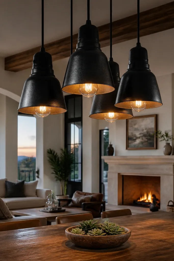 Black pendant lights hanging above seating with warm glowing bulbs