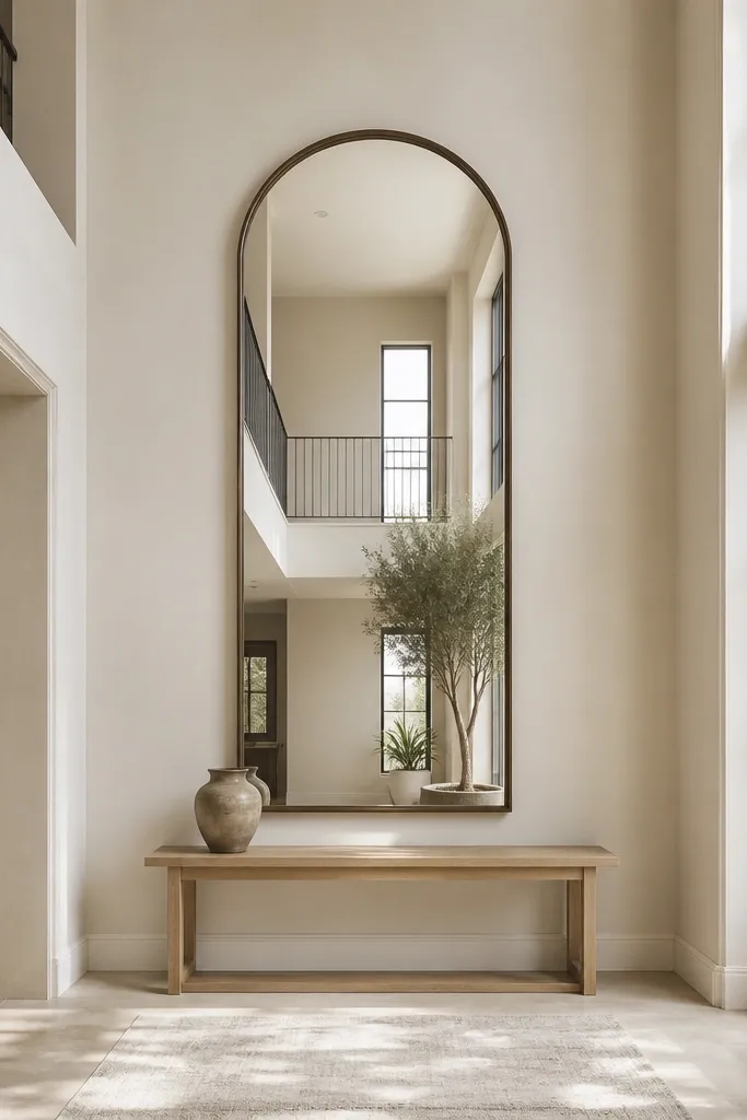 Large arched mirror above a slim console in warm wood