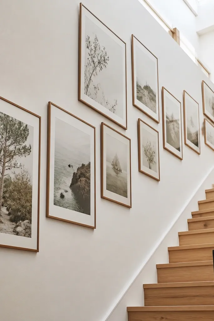 Tall gallery wall with large framed art ascending along stairs
