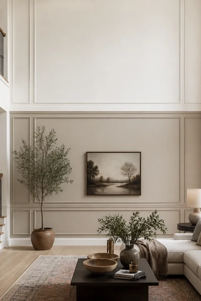 Upper warm white walls with soft greige lower panel section and trim