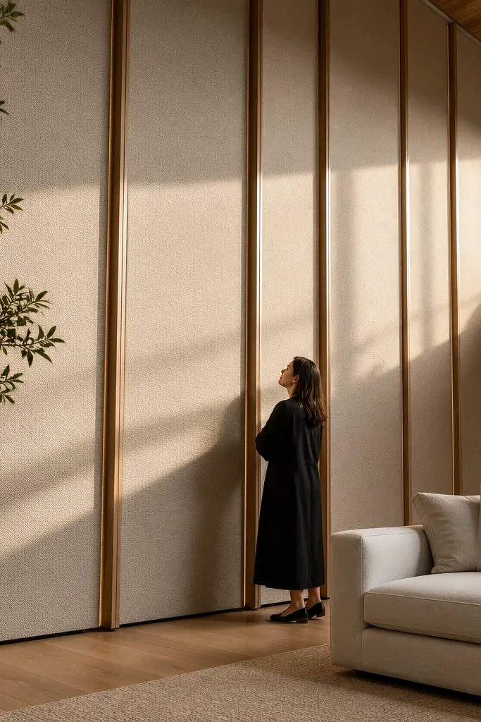 Vertical fabric panels on a tall wall with slim wooden battens