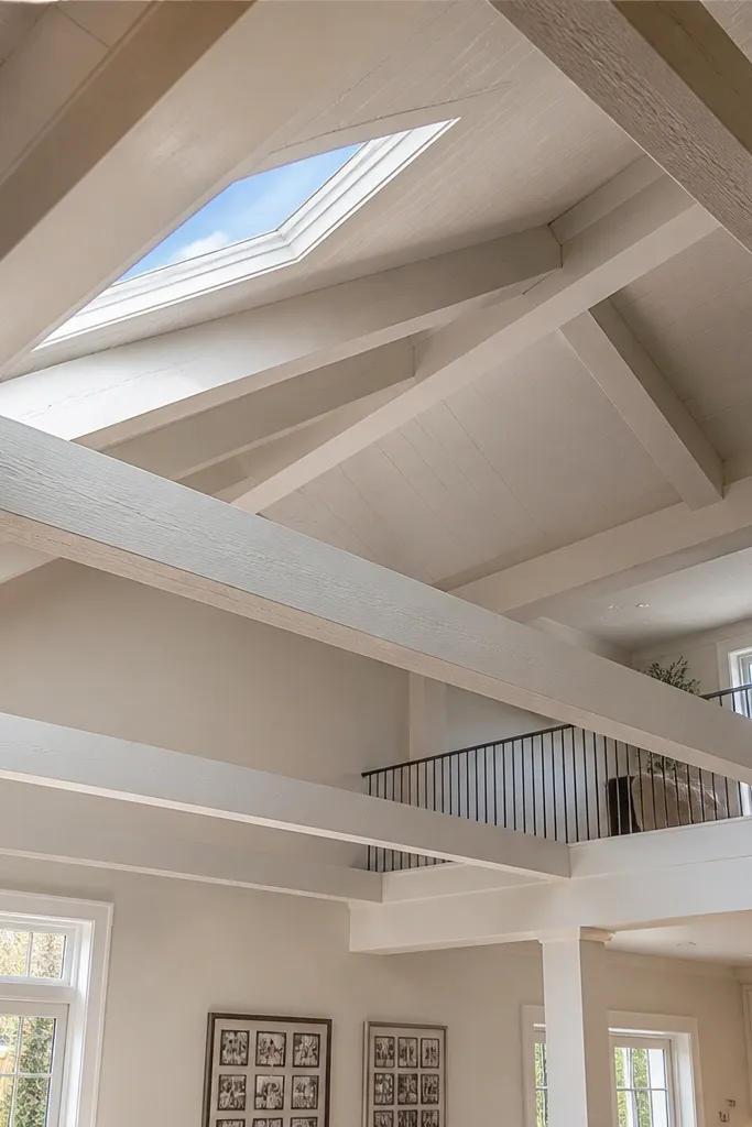 Ceiling with painted wood beam lines matching trim color