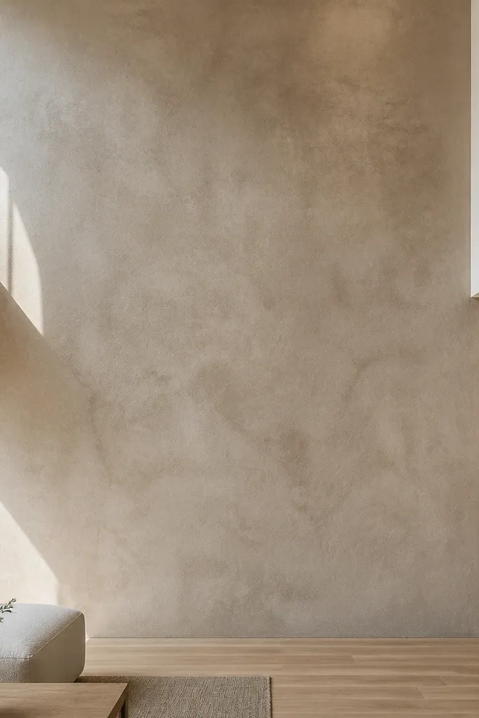 Concrete-effect wall with soft mottled limewash texture