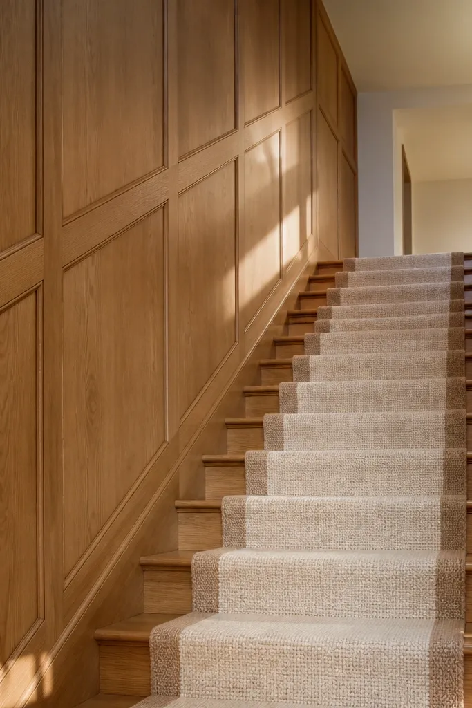 Timber panels on stair wall with a long vertical runner rug