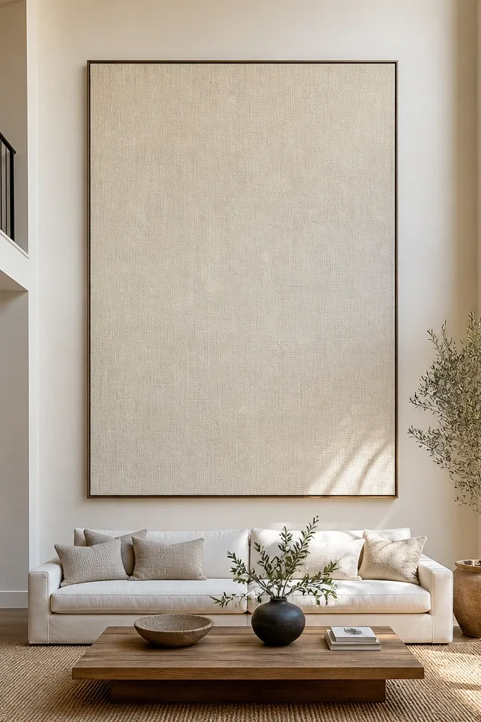 Large framed fabric art panels in warm neutrals on tall wall