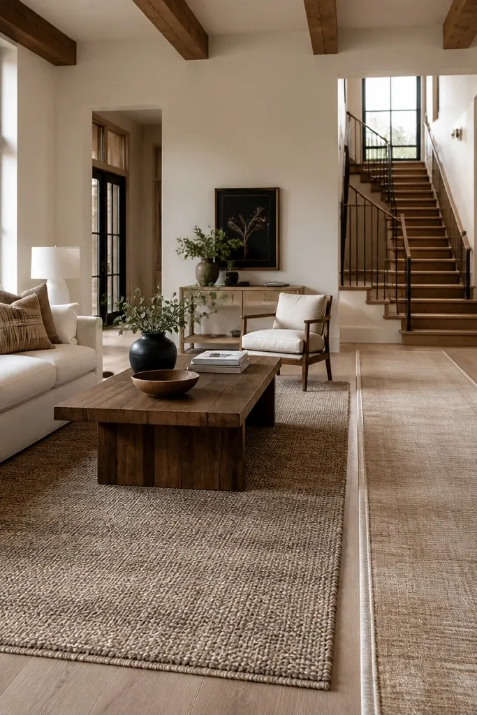 Layered rugs: a wide area rug with a runner aligned toward stairs