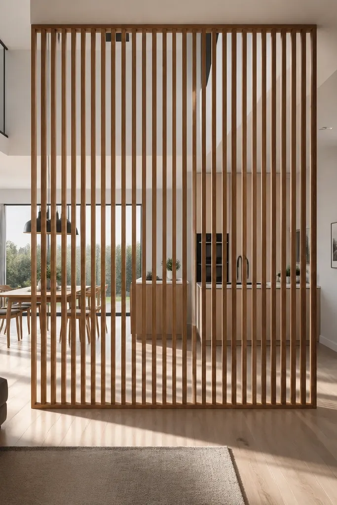 Tall vertical slat screen dividing space, floor to ceiling