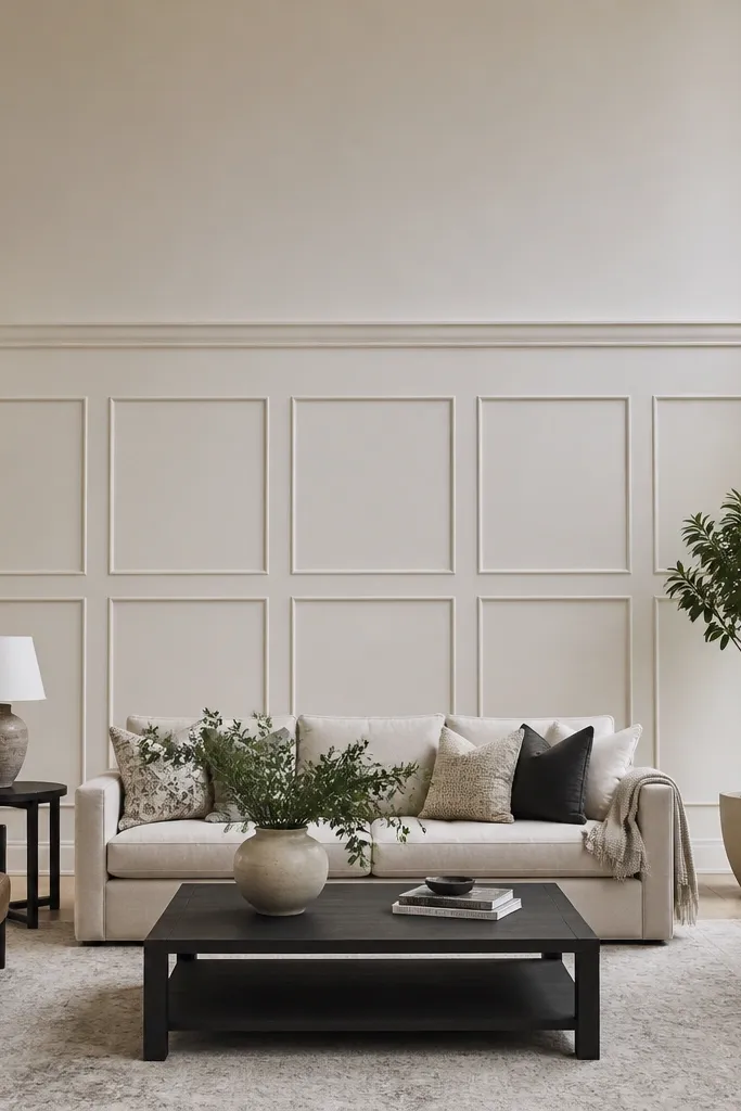 White picture rail and small framed squares on a tall wall