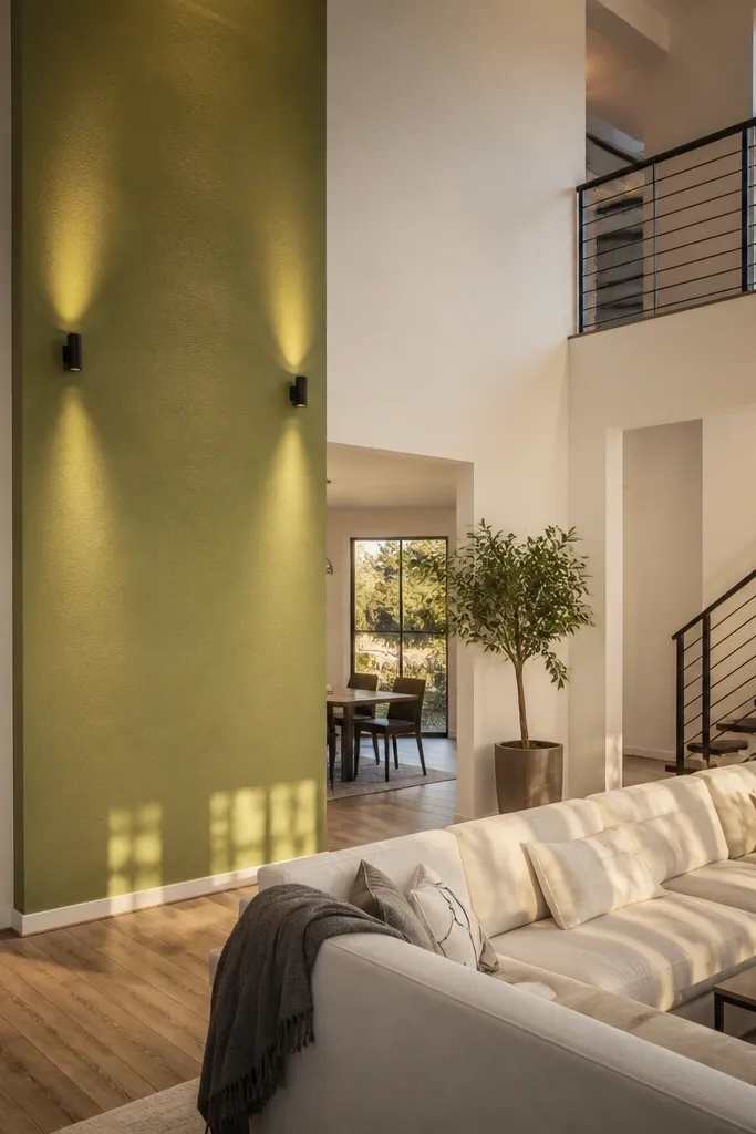 Matte green accent column with small spotlights and neutral walls