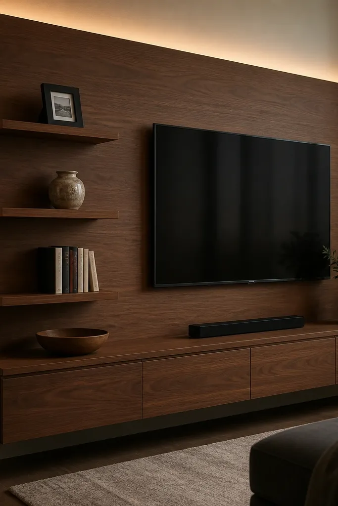 Walnut-effect panel behind TV with three floating shelves in a neat row