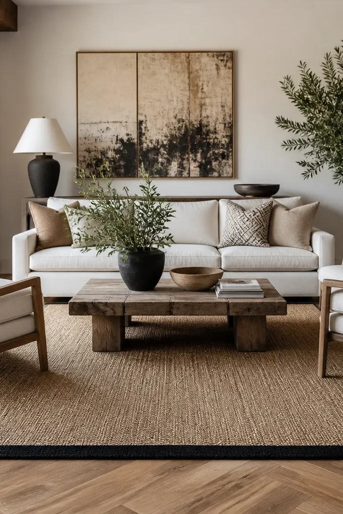 Large jute rug centered with a black border rug pad effect