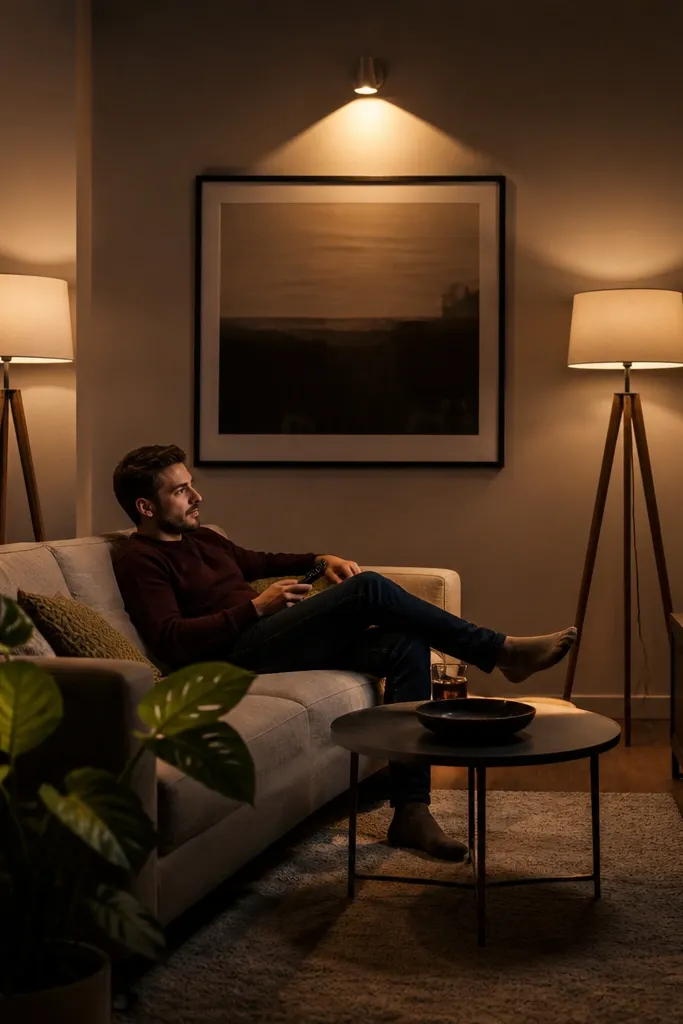 Warm floor lamps flanking a sofa with a small wall sconce above