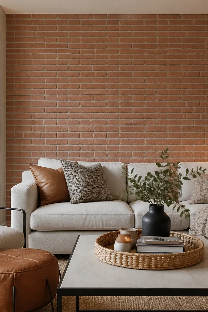 Brick-style peel-and-stick panel behind a coffee table with neutral decor