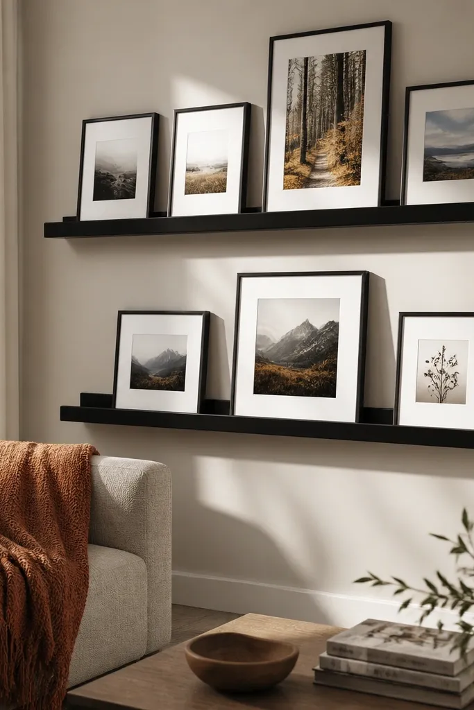 Matte black picture ledge with framed art and small objects in a neat row