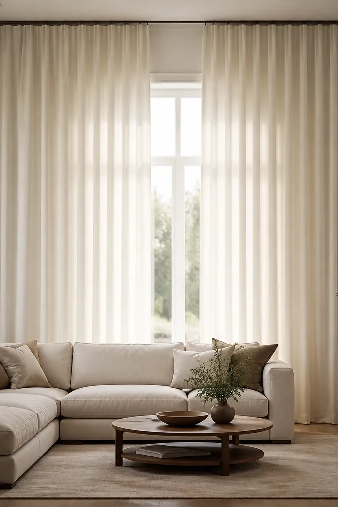 Curtains hanging from near-ceiling with wide panels and neutral color