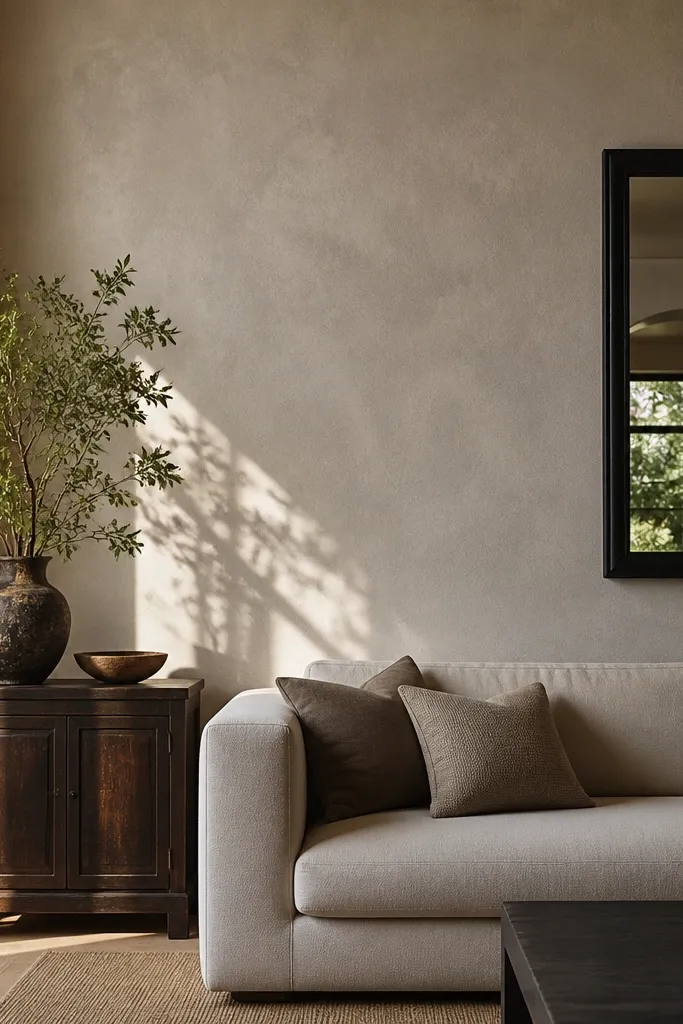 Soft plaster-style walls with uneven limewash texture and warm neutral tone
