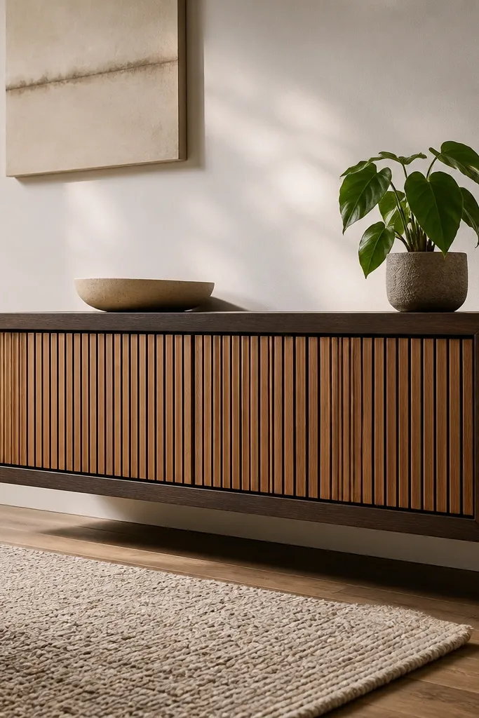 Floating console under artwork with slatted drawer fronts in a warm wood tone