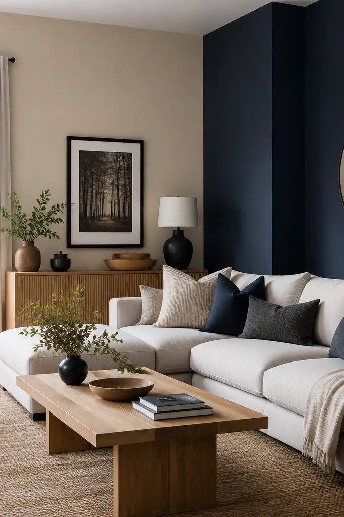 Side wall with a soft navy color block and warm sand base near the seating area