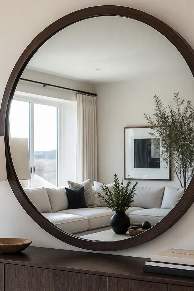 Large round mirror above a dark wood console with warm neutral decor