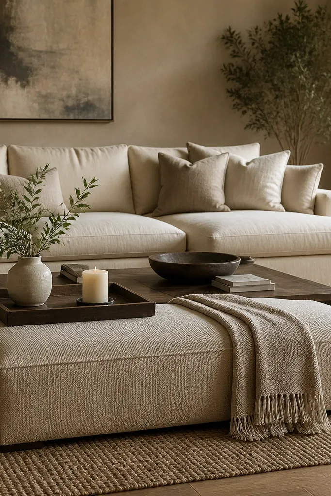 Neutral ottoman beside a tray coffee table with a modern modular layout