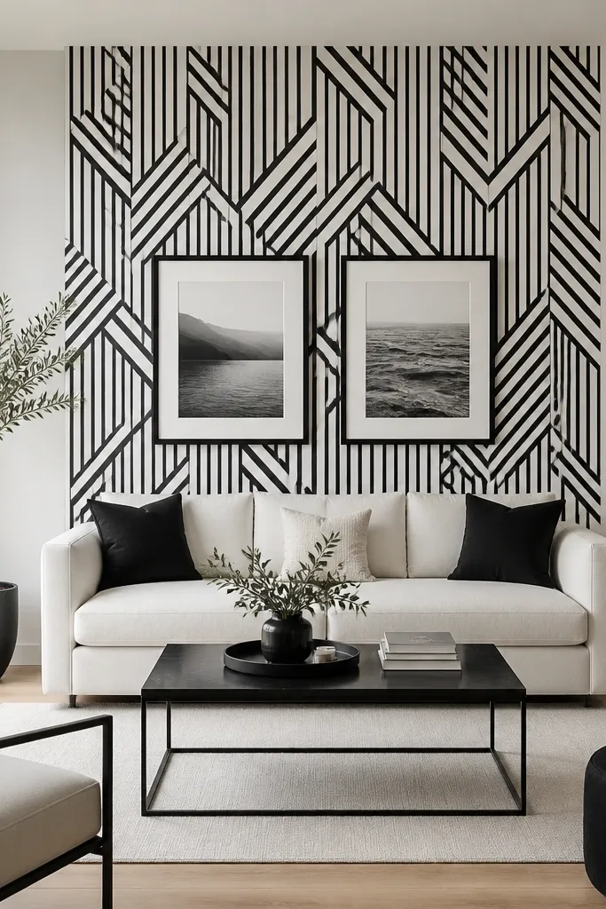 Black-and-white geometric wallpaper on one wall behind seating, framed neatly