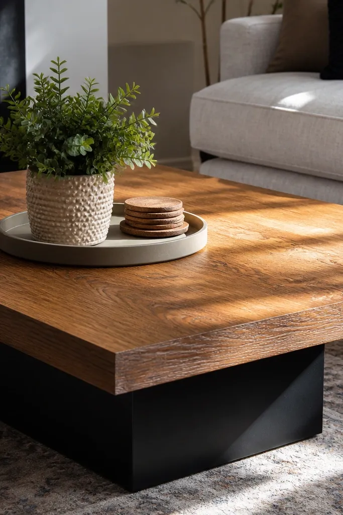 Coffee table with a textured base and a warm wood veneer top in a modern living room