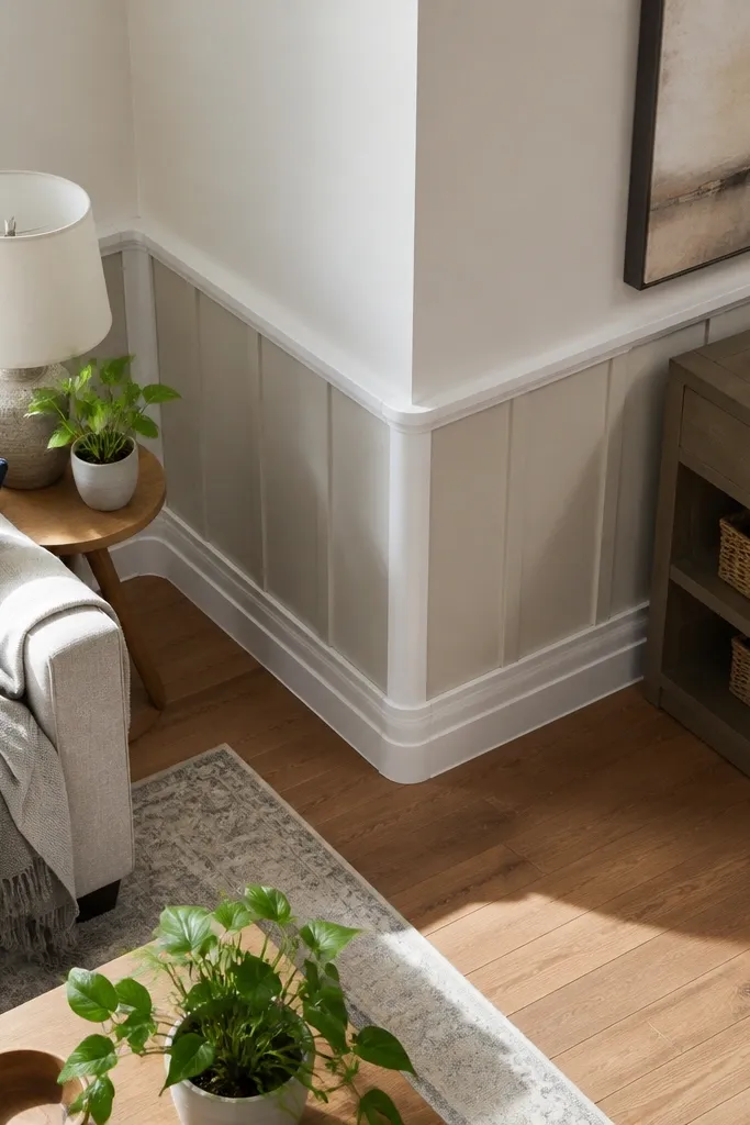 Corner wall with removable rounded-edge paneling and a soft neutral paint finish