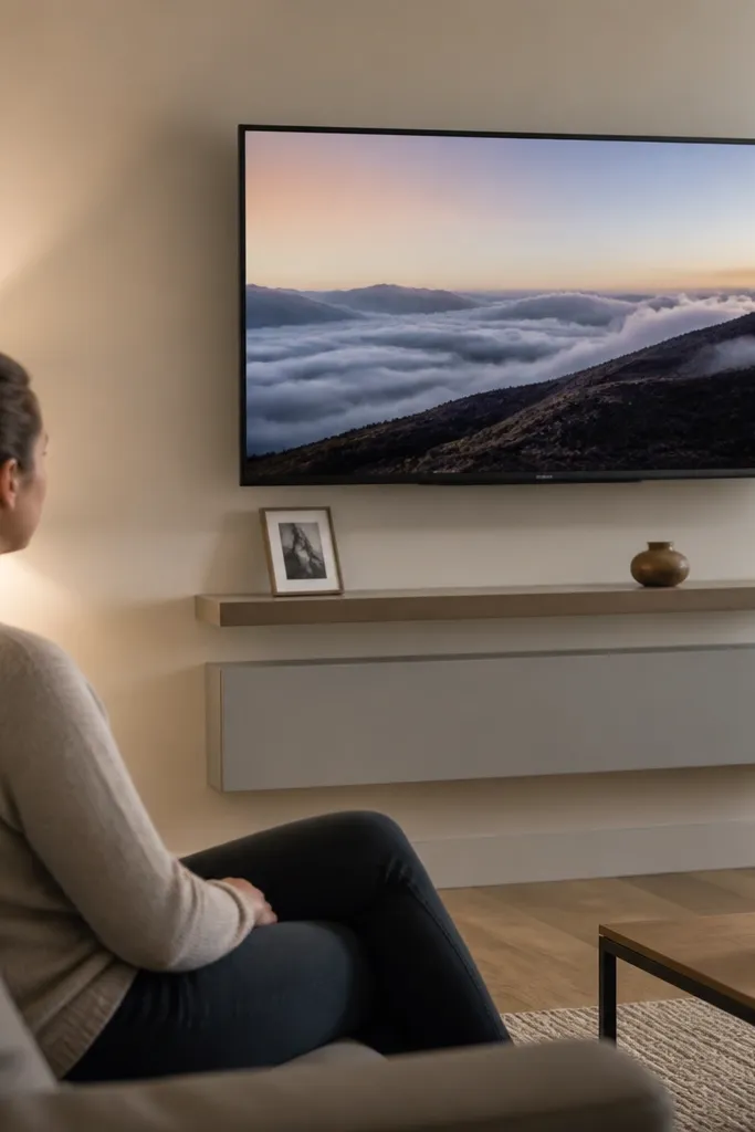 Clean TV wall with a cable cover and a simple shelf above for decor