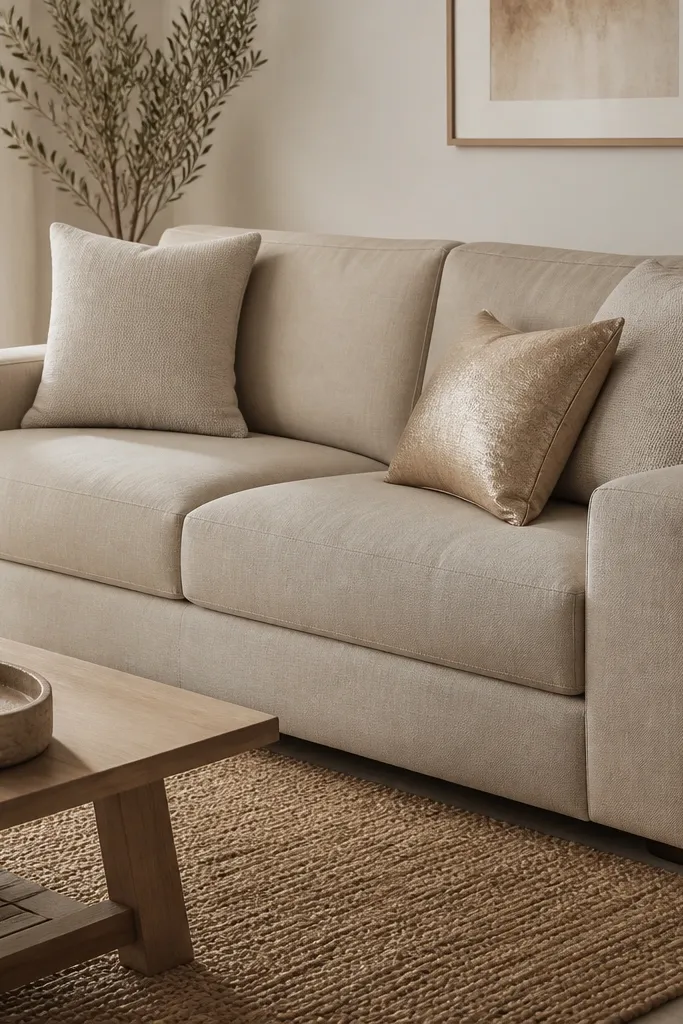 Neutral sofa with matching cushion covers and one metallic accent pillow
