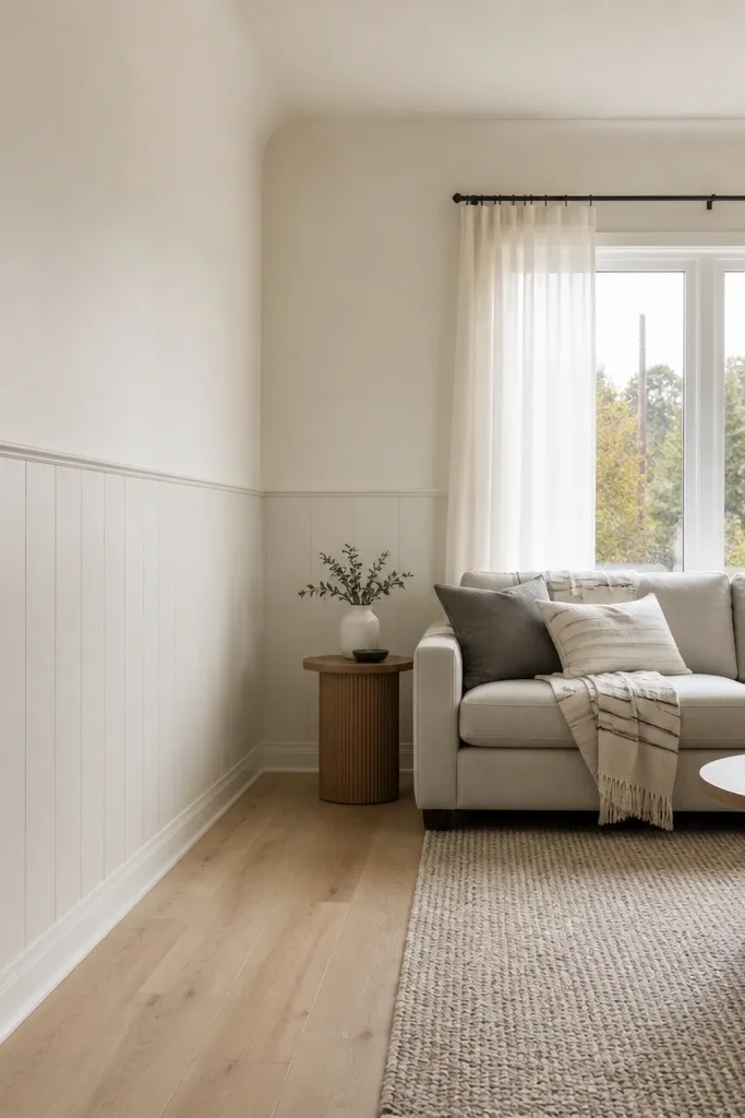 Vinyl wainscot panels on lower wall with a light upper paint finish