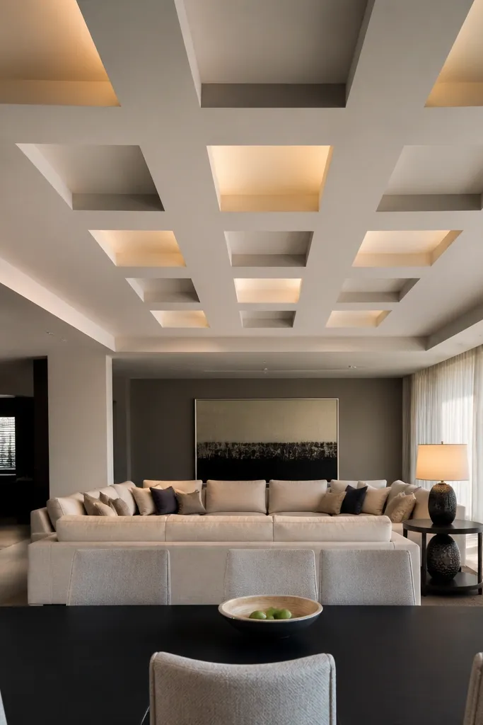 White ceiling grid with alternating recessed square panels and small lights