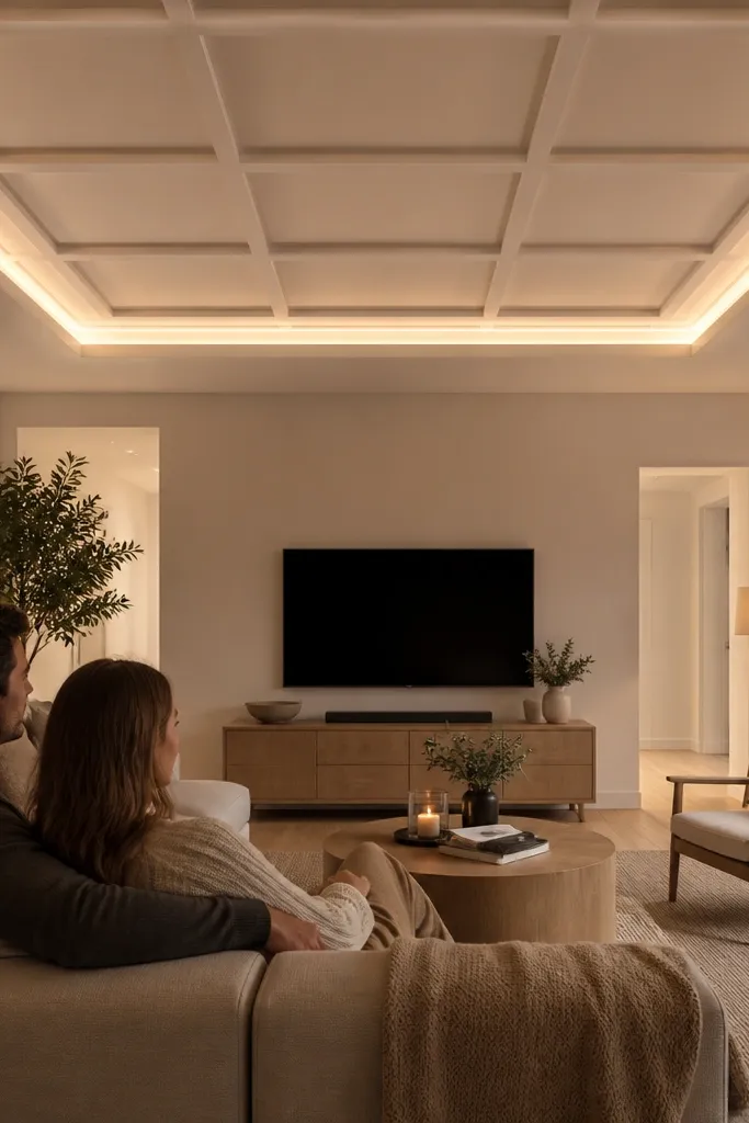Center coffered ceiling panel with a soft glow around the perimeter