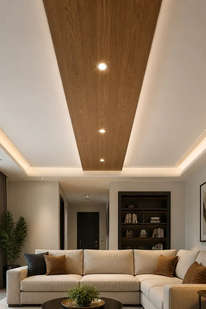 White ceiling with a centered wood-look strip and recessed spotlights