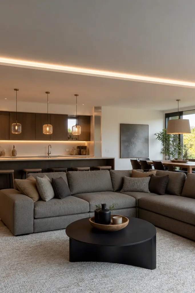 White ceiling with an L-shaped border and a small LED line glow