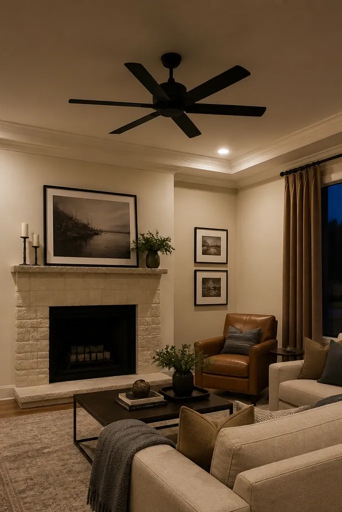 Four corner ceiling squares with recessed lights, fan in the middle