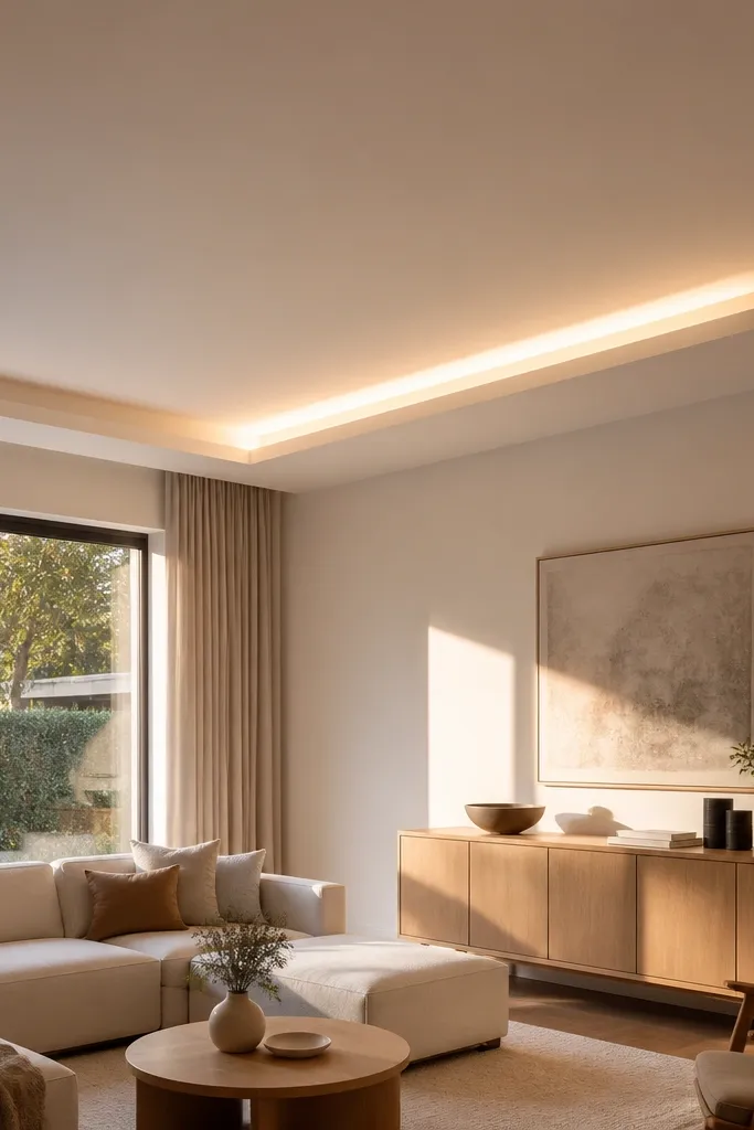 Center shelf-like ceiling panel with hidden LED glow under it