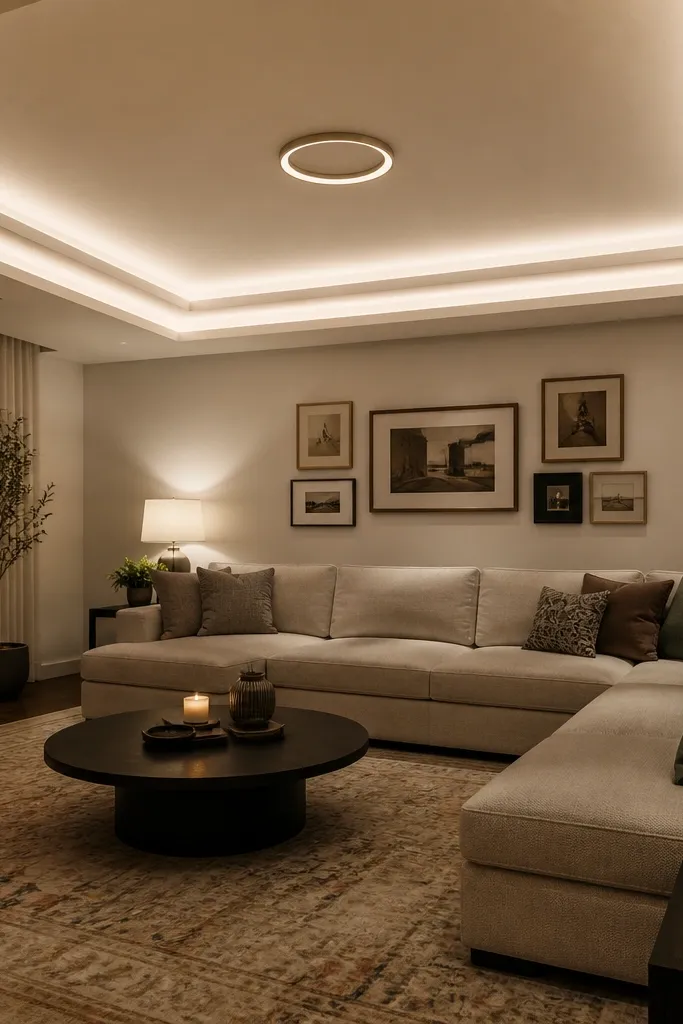 White ceiling with a coffered perimeter border and a recessed inner ring