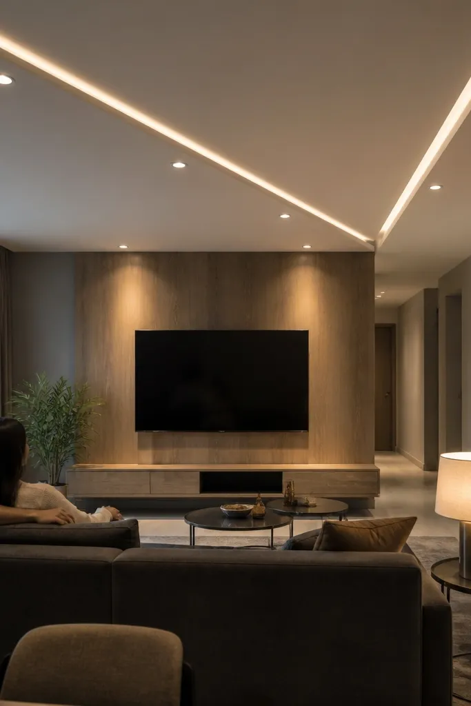 White ceiling with diagonal channel lines and small recessed lights