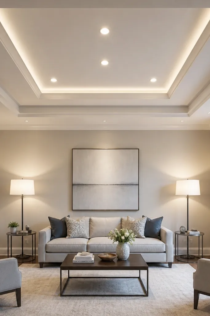 Two concentric square borders on ceiling with evenly spaced downlights