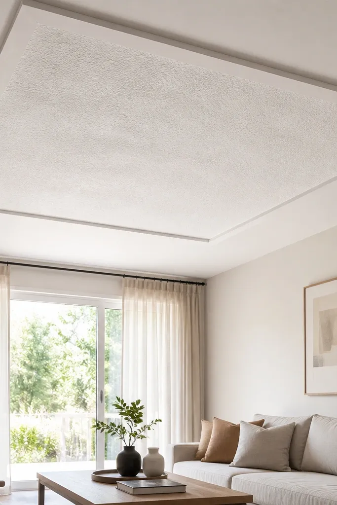 Matte white ceiling with a framed textured center panel
