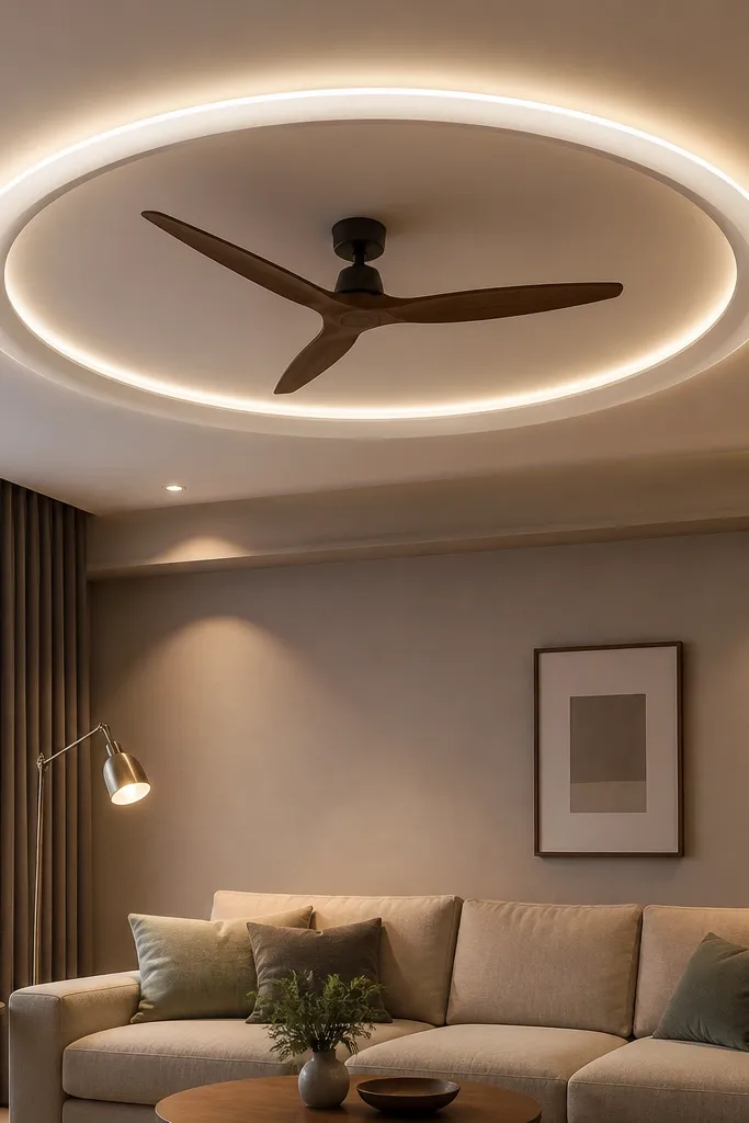 Ceiling fan with a circular recessed halo ring around it