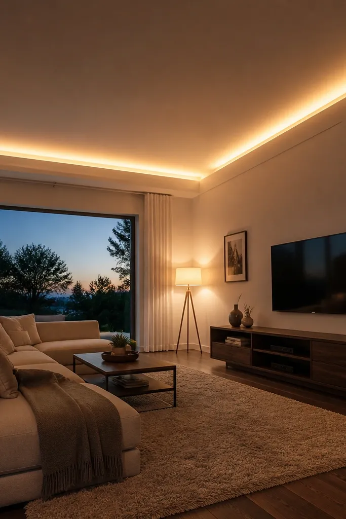Thin ceiling border with small hidden light slots at corners