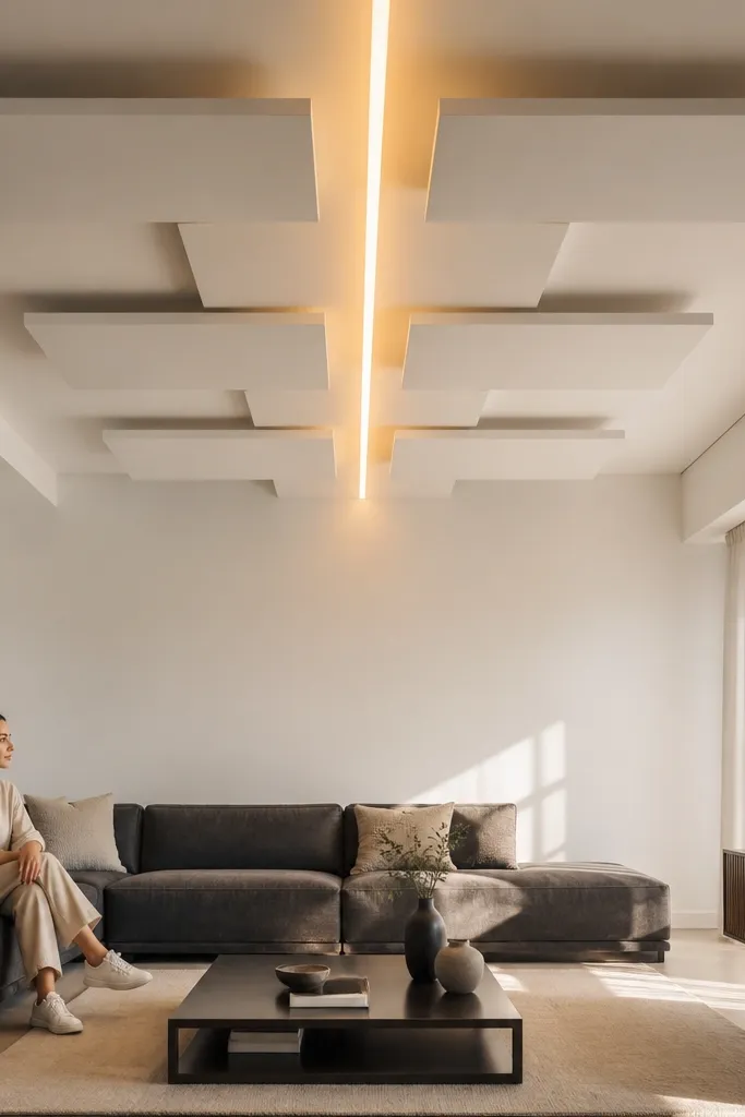 White ceiling with staggered rectangular drop panels and a central LED line