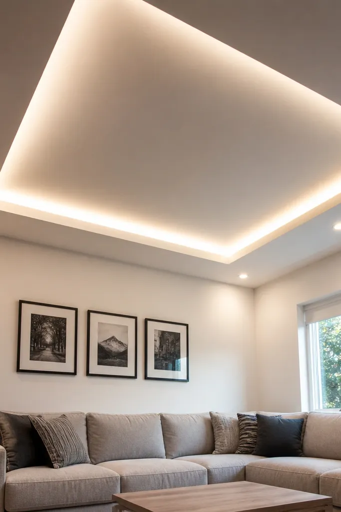 Square ceiling frame with edge-lit LEDs and small recessed lights at corners