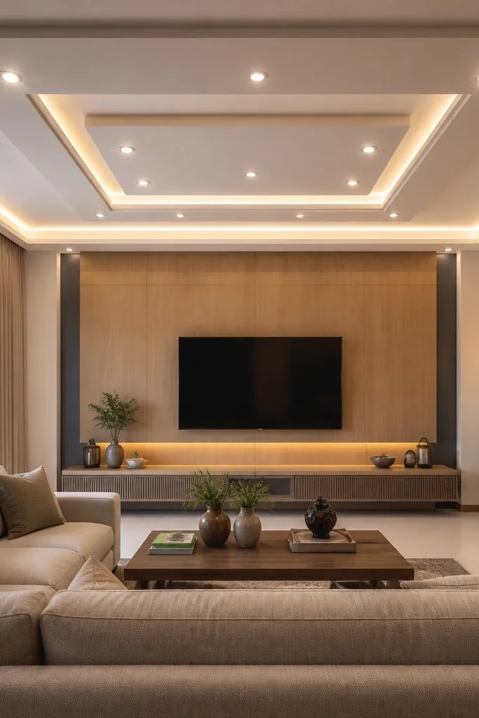 Rectangular ceiling panels layered in steps with recessed lights near edges