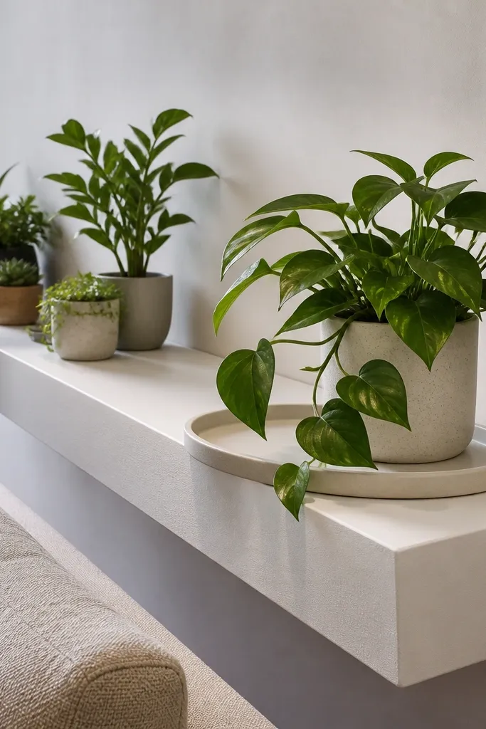 White 5-inch shelf ledge holding small potted plants