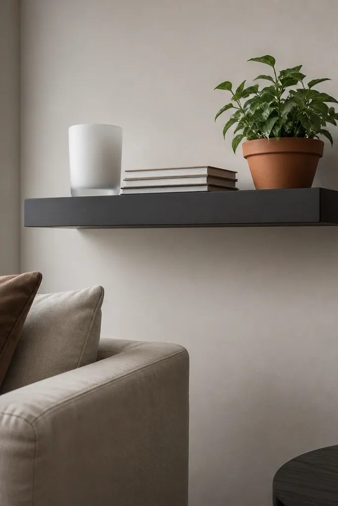 Black 10-inch shelf with white decor and a candle