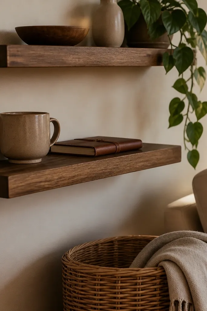 Wood-stained floating shelf with warm decor and a framed print