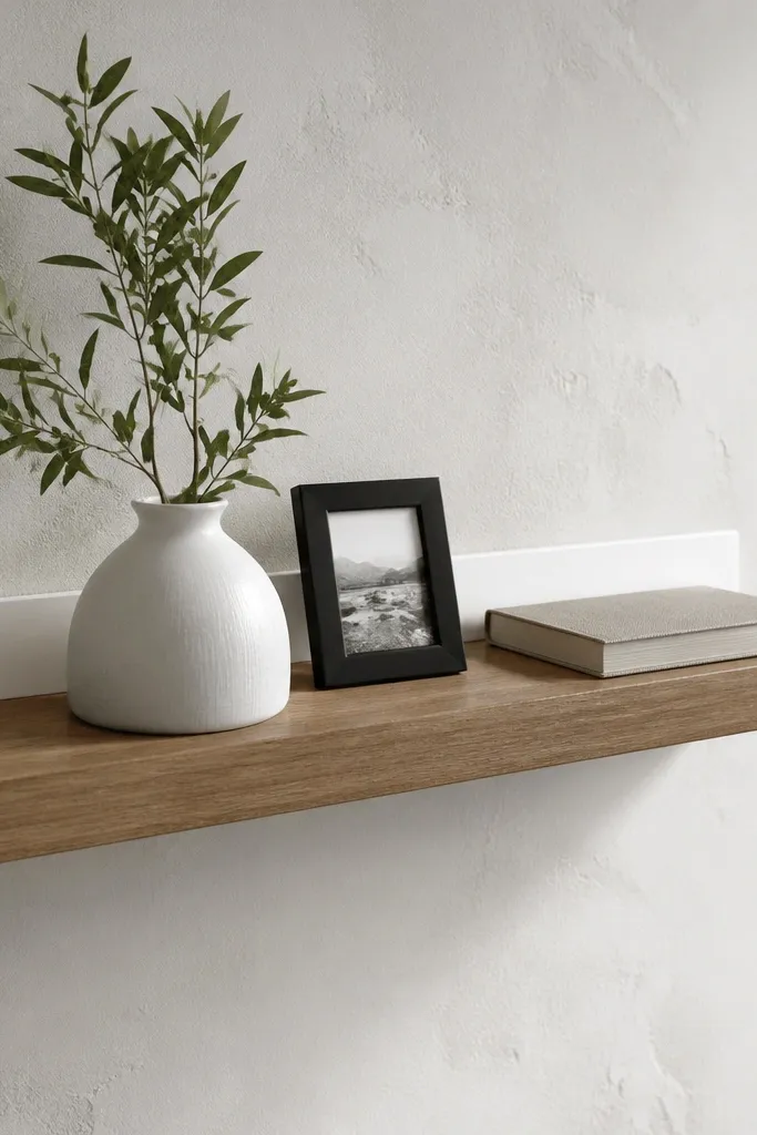 Floating shelf with a light back panel behind decor
