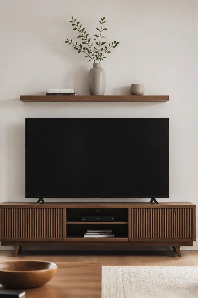 Small floating shelf centered above a TV with decor